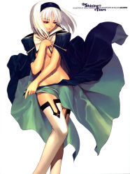 Rule 34 | 1girl, absurdres, albino, blanc neige, blue gemstone, breasts, breasts apart, cape, copyright name, covering breasts, covering privates, female focus, gem, hair between eyes, hair ornament, hairband, half-closed eyes, highres, holding, holding cape, holding clothes, legs together, midriff, navel, no bra, no panties, nude cover, official art, popped collar, red eyes, revealing clothes, scan, sega, shining (series), shining tears, simple background, solo, standing, thighhighs, tony taka, topless, underboob, white background, white hair, white thighhighs