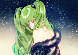 Rule 34 | 1girl, 2018, alternate hairstyle, blush, c.c., code geass, covered mouth, creayus, fur trim, green hair, long hair, looking at viewer, m&amp;m (mickey and mackey), no bra, off shoulder, petals, solo, twintails, upper body, yellow eyes