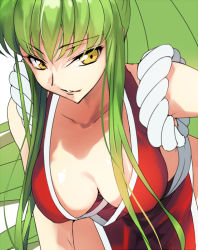 Rule 34 | 1girl, breasts, c.c., code geass, cosplay, creayus, downblouse, duplicate, green hair, hanging breasts, looking at viewer, no bra, pelvic curtain, ponytail, shiranui mai, shiranui mai (cosplay), simple background, smile, solo, the king of fighters, yellow eyes