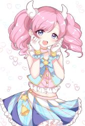 Rule 34 | 1girl, blue ribbon, blue skirt, blush, character request, commentary request, copyright request, cowboy shot, dot nose, frilled skirt, frills, gloves, hands up, happy, highres, idol, navel, neck ribbon, ougi hina, pink hair, purple eyes, ribbon, skirt, sleeveless, smile, solo, star (symbol), swept bangs, twintails, white gloves, wing hair ornament
