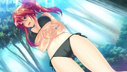Rule 34 | 1girl, amagai yukino, aqua eyes, bare shoulders, bikini, black bikini, blue eyes, blurry, blush, breasts, cameltoe, crotch, depth of field, dutch angle, embarrassed, forest, from below, game cg, inase kowane, large breasts, legs, light rays, long hair, looking away, nature, open mouth, outdoors, red hair, side-tie bikini bottom, side ponytail, solo, standing, sunbeam, sunlight, swimsuit, thighs, tree, tsuyokiss next shokaiban, twintails, underboob
