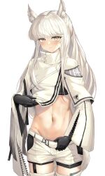 Rule 34 | 1girl, absurdres, arknights, black bra, black gloves, blush, bra, clothes lift, clothes pull, cowboy shot, gloves, groin, highres, jacket, jacket lift, kingdom of kazimierz logo, lifting own clothes, long hair, long sleeves, looking at viewer, navel, platinum (arknights), pulling own clothes, putcho, shorts, shorts pull, shorts tug, simple background, solo, stomach, sweat, sweatdrop, thighhighs, underwear, white background, white hair, white jacket, white shorts, white thighhighs, wide sleeves, yellow eyes