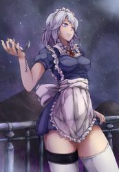 Rule 34 | 1girl, apron, bad id, bad pixiv id, blue dress, blue eyes, breasts, dress, highres, izayoi sakuya, looking at viewer, looking up, maid, maid apron, maid headdress, night, night sky, outdoors, poini (king-scarlet-dead), short hair, silver hair, sky, smile, solo, thigh strap, thighhighs, touhou, waist apron, white thighhighs, zettai ryouiki