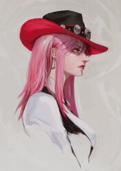 Rule 34 | 1girl, commentary, cowboy hat, cropped torso, ear piercing, earrings, english commentary, eyelashes, grey background, hat, highres, hololive, hololive english, jewelry, lips, long hair, looking ahead, mori calliope, mori calliope (sheriff), nose, official alternate costume, parted lips, piercing, pink eyes, pink hair, portrait, profile, red lips, shirt, sidelocks, skull, solo, straight hair, thedurianart, virtual youtuber, white shirt