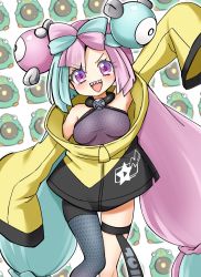 Rule 34 | bellibolt, bow-shaped hair, character hair ornament, creatures (company), game freak, grey pantyhose, hair ornament, hexagon print, highres, iono (pokemon), jacket, long hair, low-tied long hair, multicolored hair, nintendo, oversized clothes, pantyhose, pokemon, pokemon sv, sharp teeth, single leg pantyhose, sleeves past fingers, sleeves past wrists, split-color hair, star (symbol), star in eye, suwa yasai, symbol in eye, teeth, very long sleeves, x, yellow jacket