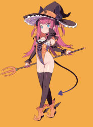 Rule 34 | 1girl, black thighhighs, blade (galaxist), blue eyes, blush, brown hat, closed mouth, demon tail, elizabeth bathory (fate), elizabeth bathory (fate/extra ccc), fate/grand order, fate (series), finger cots, flat chest, full body, hat, highleg, highleg leotard, highres, holding, horn ornament, horns, horns through headwear, leotard, long hair, looking at viewer, orange background, pink hair, pointy ears, pointy footwear, simple background, skindentation, solo, standing, tail, thighhighs, two side up, witch hat