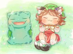 Rule 34 | 1girl, :3, animal ear fluff, animal ears, arms up, bobby socks, bow, brown hair, bulbasaur, cat ears, cat tail, chen, commentary request, creatures (company), crossover, day, earrings, closed eyes, fang, fang out, fangs, from above, game freak, gen 1 pokemon, hat, ibaraki natou, jewelry, legs up, long sleeves, lying, mob cap, multiple tails, nintendo, on back, on grass, open mouth, outdoors, paw pose, pokemon, pokemon (creature), red skirt, red vest, shirt, short hair, single earring, skirt, socks, tail, touhou, vest, white legwear, white neckwear, white shirt
