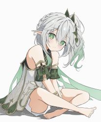 Rule 34 | 1girl, absurdres, barefoot, bloomers, bracelet, cape, child, commentary, cross-shaped pupils, detached sleeves, dress, genshin impact, gradient hair, green cape, green eyes, green hair, green sleeves, highres, jewelry, long hair, looking at viewer, multicolored hair, nahida (genshin impact), pointy ears, shockwhite3, side ponytail, solo, symbol-shaped pupils, underwear, white background, white bloomers, white dress