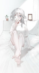 Rule 34 | 1girl, absurdres, alarm clock, bad id, bad pixiv id, barefoot, bed, bed sheet, blue eyes, clock, curtains, foreshortening, fu hua, full body, grey hair, highres, holding, holding phone, honkai (series), honkai impact 3rd, long hair, pajamas, phone, picture frame, plant, shirt, sitting, solo, toes, user cztd3454, vase, white shirt
