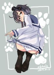 Rule 34 | 1girl, alakoala, artist name, black hair, black thighhighs, blue sailor collar, brown eyes, dated, dress, from behind, full body, grey background, highres, kantai collection, looking at viewer, looking back, panties, sailor collar, sailor dress, shirt, short hair, short hair with long locks, side-tie panties, sidelocks, sitting, solo, thighhighs, tied shirt, tokitsukaze (kancolle), underwear, white panties