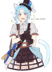 Rule 34 | 1boy, absurdres, animal ears, bag, black gloves, blue eyes, cat boy, cat ears, cat tail, genshin impact, gloves, hat, highres, majunjuu, male focus, mole, mole under eye, open mouth, original, shorts, simple background, solo, sweat, tail, top hat, white background