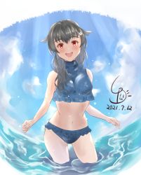 Rule 34 | 1girl, artist logo, bikini, black hair, blue bikini, blue sky, breasts, cloud, commentary request, cowboy shot, dated, frilled bikini, frills, hair flaps, hair ornament, hair over shoulder, hairclip, highres, jingei (kancolle), kantai collection, ld (luna dial398), long hair, looking at viewer, medium breasts, red eyes, sky, smile, soaking feet, solo, standing, swimsuit, wading