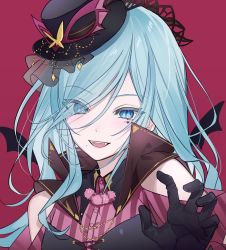 Rule 34 | 1girl, bat wings, black hat, blue eyes, blue hair, claw pose, fangs, hair over one eye, halloween costume, hat, highres, hinomori shizuku, light blue hair, long hair, looking at viewer, mini hat, mole, mole under mouth, nes 402, open mouth, pink background, project sekai, slit pupils, smile, vampire costume, wings