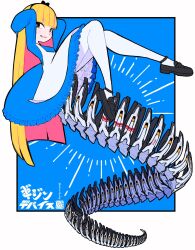 Rule 34 | 1girl, apron, arms up, black eyes, black footwear, black hairband, blue background, blue dress, blunt bangs, blunt ends, border, bow hairband, bright pupils, dress, frills, grin, hairband, highres, iwako (eiken3kyuboy), loafers, long hair, mechanical tail, original, outside border, pantyhose, shoes, smile, solo, tail, twitter username, very long hair, what, white apron, white border, white pantyhose, white pupils