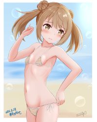 Rule 34 | 1girl, air bubble, ame-san, beach, bikini, blue sky, breasts, bubble, commentary request, cowboy shot, dated, double bun, hair bun, highres, horizon, kantai collection, light brown hair, michishio (kancolle), ocean, ribs, short twintails, side-tie bikini bottom, signature, sky, small breasts, solo, standing, striped bikini, striped clothes, swimsuit, twintails, twitter username, yellow eyes