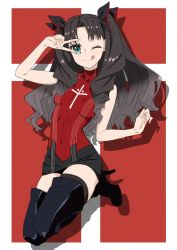 Rule 34 | 10s, akitetsu, black hair, black theme, black thighhighs, blue eyes, boots, fate/extra, fate/stay night, fate (series), full body, high heel boots, high heels, long hair, ribbon, skirt, solo, sweater, thighhighs, thighhighs under boots, tohsaka rin, tongue, tongue out, two side up, v
