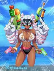 Rule 34 | adapted costume, animal ears, arms (game), bikini, blue eyes, bracelet, breasts, choker, cropped legs, dark-skinned female, dark skin, domino mask, eyelashes, hair pulled back, holding, holding weapon, jewelry, large breasts, mask, mike luckas, multicolored hair, nail polish, pink hair, pink nails, prehensile hair, smile, solo, standing, swimsuit, twintelle (arms), water gun, weapon, white hair