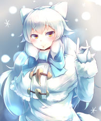 Rule 34 | 10s, 1girl, absurdres, animal ears, arctic fox (kemono friends), blush, capelet, closed mouth, coat, fox ears, fox shadow puppet, fox tail, fur trim, gloves, hand up, highres, kanzakietc, kemono friends, long hair, looking at viewer, smile, solo, tail, upper body, white coat, white gloves, white hair, winter clothes, winter coat, yellow eyes