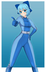 Rule 34 | &gt;:), 1girl, absurdres, blue bodysuit, blue bow, blue hair, bodysuit, bow, cirno, cosplay, grin, hair bow, hand on own hip, highres, index finger raised, latex, lindaroze, photoshop (medium), skin tight, smile, solo, teeth, totally spies, touhou, v, v-shaped eyebrows