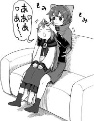 Rule 34 | 2girls, animal ears, barefoot, blouse, bow, capelet, closed mouth, couch, drooling, closed eyes, greyscale, hair bow, imaizumi kagerou, long hair, long sleeves, massage, monochrome, mouth drool, multiple girls, no shoes, poronegi, saliva, saliva trail, scarf, sekibanki, shirt, short hair, sitting, sitting on lap, sitting on person, skirt, smile, socks, touhou, wolf ears, aged down