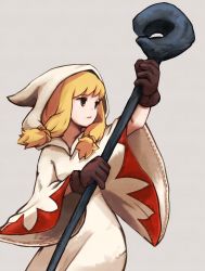 Rule 34 | 1girl, blonde hair, braid, brown eyes, final fantasy, final fantasy tactics, gloves, grey background, highres, hood, long hair, robe, simple background, solo, staff, twin braids, twintails, weapon, white mage, white mage (fft), white mage (final fantasy), wide sleeves, yan pai