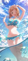 Rule 34 | 1girl, absurdres, amochin, armpits, bead bracelet, beads, bikini, blue bikini, blue sky, bracelet, braid, breasts, brown eyes, cloud, collarbone, commentary, day, dot nose, floral print, frilled swimsuit, frills, hair ornament, hairclip, hand up, highres, idolmaster, idolmaster shiny colors, jewelry, large breasts, legs, light blush, light brown hair, looking at viewer, medium hair, navel, necklace, ocean, one eye closed, open mouth, outdoors, print swimsuit, sakuragi mano, sky, smile, solo, stomach, sunlight, swimsuit, thighs, water, water drop, wet