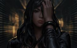 Rule 34 | 1girl, absurdres, black hair, black jacket, blurry, blurry background, commentary, depth of field, english commentary, grey eyes, guweiz, hand over eye, hand up, highres, jacket, long hair, looking at viewer, night, original, outdoors, solo, upper body