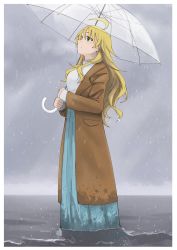 Rule 34 | 1girl, absurdres, antenna hair, blonde hair, blouse, breasts, cloud, cloudy sky, coat, epitaph (1122), green eyes, highres, hoshii miki, idolmaster, idolmaster (classic), large breasts, long hair, looking up, ocean, rain, shirt, skirt, sky, solo, sweater, umbrella, water, wet, wet clothes, white shirt