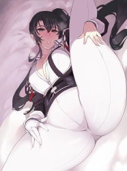 Rule 34 | 1girl, absurdly long hair, absurdres, black hair, breasts, brown eyes, gloves, highres, jewelry, kantai collection, large breasts, long hair, long sleeves, lying, mil (xration), nachi (kancolle), nachi kai ni (kancolle), on back, pantyhose, ring, side ponytail, single glove, solo, spread legs, very long hair, wedding band, white gloves, white pantyhose