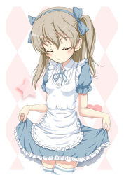 Rule 34 | 1girl, alternate costume, apron, blue bow, blue dress, blue hairband, blue ribbon, blush, bow, breasts, brown hair, closed eyes, closed mouth, collared dress, commentary request, cowboy shot, cropped legs, dress, flipper, frilled apron, frills, girls und panzer, hair between eyes, hairband, heart, long hair, neck ribbon, one side up, puffy short sleeves, puffy sleeves, ribbon, shimada arisu, short sleeves, small breasts, smile, solo, star (symbol), striped clothes, striped thighhighs, thighhighs, white apron