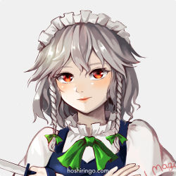 Rule 34 | 1girl, blouse, blue dress, braid, close-up, closed mouth, clothes writing, commentary request, dress, green ribbon, grey hair, happy, holding, holding knife, hoshiringo0902, izayoi sakuya, knife, lips, looking at viewer, maid, maid headdress, medium hair, neck ribbon, puffy short sleeves, puffy sleeves, red eyes, ribbon, shirt, short sleeves, simple background, smile, touhou, twin braids, white background, white shirt