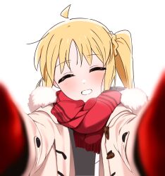 Rule 34 | 1girl, ahoge, alternate costume, blonde hair, blurry, blush, bocchi the rock!, closed eyes, coat, commentary request, depth of field, detached ahoge, duffel coat, facing viewer, fur-trimmed coat, fur trim, grin, hair between eyes, halo, highres, ijichi nijika, kihamu 11, long hair, looking to the side, meme, nejime, one side up, open clothes, open coat, open mouth, pov, pov cheek warming (meme), purple eyes, reaching, reaching towards viewer, red scarf, scarf, side ponytail, smile, solo, upper body, white background, white coat, white hair