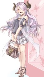 Rule 34 | alternate costume, bag, braid, breasts, bug, butterfly, butterfly earrings, cleavage, cleavage cutout, clothing cutout, crown braid, earrings, full body, granblue fantasy, hair over one eye, highres, holding, holding bag, insect, jewelry, limitless skye, narmaya (granblue fantasy), pointy ears, single earring, solo, standing, tagme