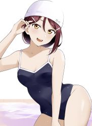 Rule 34 | 1girl, barkhorn0331, blue one-piece swimsuit, breasts, competition school swimsuit, cowboy shot, hair ornament, hairclip, highres, long hair, looking at viewer, love live!, love live! sunshine!!, medium breasts, one-piece swimsuit, open mouth, red hair, sakurauchi riko, school swimsuit, simple background, sitting, solo, swim cap, swimsuit, teeth, upper teeth only, white background, yellow eyes, yokozuwari
