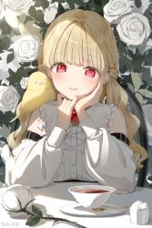 Rule 34 | 1girl, animal, animal on shoulder, arm belt, bare shoulders, bird, bird on shoulder, blonde hair, blunt bangs, blush, commentary request, cup, detached sleeves, flower, gem, highres, jewelry, kinako (shiratama mochi), kogara toto, lips, looking at viewer, necklace, red eyes, rose, shirt, signature, sitting, sleeveless, sleeveless shirt, solo, sugar cube, teacup, twintails, virtual youtuber, vspo!, wavy hair, white flower, white rose, white shirt, white sleeves