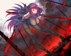 Rule 34 | 1girl, armor, bent over, bodysuit, breasts, dual wielding, fate/grand order, fate (series), flower, gae bolg (fate), hair intakes, hanging breasts, highres, holding, holding weapon, large breasts, long hair, looking at viewer, pauldrons, polearm, purple bodysuit, purple hair, red eyes, scathach (fate), scathach (fate), shoulder armor, smile, spear, spider lily, tea sly, veil, weapon