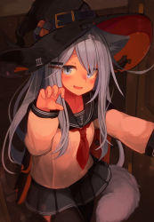 Rule 34 | 1girl, animal ears, black skirt, black thighhighs, blue eyes, blush, cat ears, cat tail, grey hair, hair between eyes, hair ornament, hairclip, halloween, halloween costume, happy halloween, hat, hibiki (kancolle), highres, kantai collection, long hair, long sleeves, looking at viewer, neckerchief, open mouth, pleated skirt, reitou mikan, sailor collar, school uniform, serafuku, skirt, tail, thighhighs, witch hat