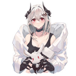 Rule 34 | 1girl, arknights, bare shoulders, black choker, black gloves, blush, breasts, choker, cleavage, commentary, crop top, dafenpipixia, gloves, hair between eyes, highres, horns, large breasts, long hair, long sleeves, looking at viewer, midriff, mudrock (arknights), off shoulder, parted lips, red eyes, simple background, solo, sports bra, stuffed animal, stuffed rabbit, stuffed toy, upper body, white background, white hair