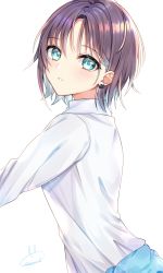 Rule 34 | 1girl, asakura toru, blue eyes, blue hair, blush, collared shirt, commentary request, earrings, highres, idolmaster, idolmaster shiny colors, jewelry, looking at viewer, looking to the side, neginoki, parted bangs, parted lips, purple hair, shirt, short hair, signature, simple background, solo, upper body, white background, white shirt
