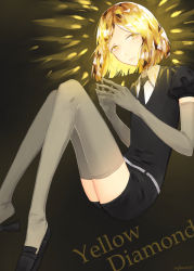 Rule 34 | 1other, androgynous, black neckwear, blonde hair, character name, commentary, crystal hair, elbow gloves, english commentary, english text, gem uniform (houseki no kuni), gloves, grey gloves, grey thighhighs, highres, houseki no kuni, looking at viewer, necktie, own hands together, saphira033, shirt, short hair, short sleeves, shorts, smile, thighhighs, yellow diamond (houseki no kuni), yellow eyes