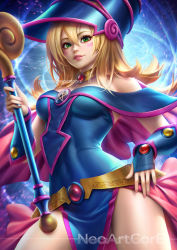 Rule 34 | 1girl, bad id, bad pixiv id, bare shoulders, belt, blonde hair, blush stickers, breasts, choker, cowboy shot, dark magician girl, dress, female focus, green eyes, hair between eyes, hat, large breasts, legs apart, lips, long hair, looking at viewer, neoartcore, parted lips, patreon username, pentagram, sleeveless, smile, solo, staff, standing, strapless, strapless dress, wizard hat, wrist guards, yu-gi-oh!