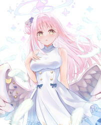 1girl bare_shoulders blue_archive blush dress halo highres long_hair looking_at_viewer mika_(blue_archive) nekozya1 open_mouth pink_hair solo white_dress wings yellow_eyes