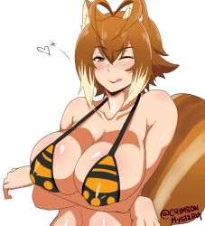 Rule 34 | 1girl, animal ears, antenna hair, bikini, bikini top only, blazblue, blush, breast hold, breasts, brown hair, cleavage, covered erect nipples, heart, heart antenna hair, huge breasts, looking at viewer, makoto nanaya, multicolored hair, nightmare-doom, orange eyes, short hair, skindentation, solo, squirrel ears, squirrel tail, swimsuit, tail, tongue, tongue out, two-tone hair, upper body, white background