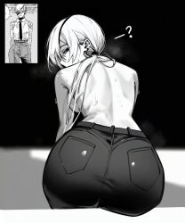 Rule 34 | 1girl, ?, absurdres, ass, back, bare back, bare shoulders, black background, black pants, breasts, chainsaw man, earrings, eyepatch, greyscale, hair between eyes, highres, huge ass, jewelry, looking at viewer, looking back, masoq, monochrome, official art inset, pants, pocket, ponytail, quanxi (chainsaw man), reference inset, sideboob, sweat, topless, white hair, wide hips