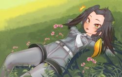Rule 34 | 1girl, ^^^, absurdres, alternate hairstyle, arms behind head, arms up, autumn willey, belt, bird wings, bodystocking, breast pocket, collared shirt, day, flower, forehead, grass, grey hair, grey shirt, grey shorts, head wings, highres, huge filesize, kemono friends, layered sleeves, long hair, long sleeves, looking at viewer, lying, multicolored hair, necktie, no tail, on back, on ground, open mouth, orange eyes, orange hair, outdoors, pocket, shirt, shoebill (kemono friends), short over long sleeves, short sleeves, shorts, solo, white necktie, wing collar, wings