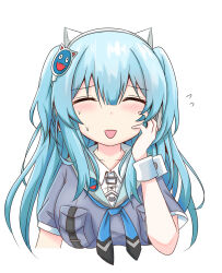Rule 34 | 1girl, animal ear headphones, animal ears, blue hair, blush, breasts, cyberdemon no3, dress, fake animal ears, goddess of victory: nikke, headphones, headset, highres, long hair, medium breasts, neckerchief, open mouth, shifty (nikke), short sleeves, simple background, solo, wrist cuffs