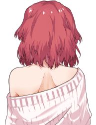 Rule 34 | 1girl, back, back focus, bare shoulders, casual, commentary, facing away, from behind, girls und panzer, highres, medium hair, off-shoulder shirt, off shoulder, red hair, rosehip (girls und panzer), shirt, simple background, solo, upper body, white background, white shirt, zono (inokura syuzo029)