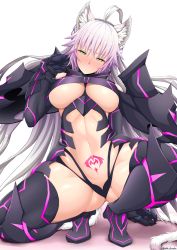 Rule 34 | 1girl, ahoge, animal ears, armor, armored boots, atalanta (fate), atalanta alter (fate), atalanta alter (third ascension) (fate), black armor, black footwear, black gloves, black panties, black thighhighs, blush, boots, braid, breasts, closed mouth, commentary request, embarrassed, fate/grand order, fate (series), french braid, from below, gloves, gradient hair, greaves, green eyes, hair between eyes, hair flaps, half-closed eyes, hand up, head tilt, highleg, highleg panties, large breasts, long hair, looking at viewer, multicolored hair, navel, nose blush, panties, pauldrons, plackart, pubic tattoo, purple hair, shoulder armor, sidelocks, silver hair, simple background, slit pupils, solo, spread legs, squatting, stomach, tail, tattoo, thick thighs, thighhighs, thighs, turtleneck, twitter username, unadon, underboob, underwear, v-shaped eyebrows, v-shaped eyes, very long hair, white background