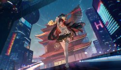 Rule 34 | 1girl, architecture, arm up, black footwear, black hair, black skirt, breasts, brown eyes, building, chinese text, east asian architecture, floating hair, folding fan, full body, hand fan, highres, holding, holding weapon, large breasts, lin (tower of fantasy), lips, long hair, looking at viewer, necktie, neon lights, night, outdoors, pleated skirt, red necktie, rokku, scenery, shirt, skirt, skyscraper, solo, standing, thighhighs, tower of fantasy, very long hair, weapon, white shirt, white thighhighs