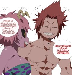 Rule 34 | 1boy, 1girl, abs, absurdres, ashido mina, bare shoulders, black sclera, boku no hero academia, breasts, coffing, colored sclera, colored skin, english text, highres, horns, kirishima eijirou, large breasts, muscular, muscular male, pink hair, pink skin, red hair, sharp teeth, short hair, sideboob, smile, spiked hair, teeth, topless, white background, yellow eyes